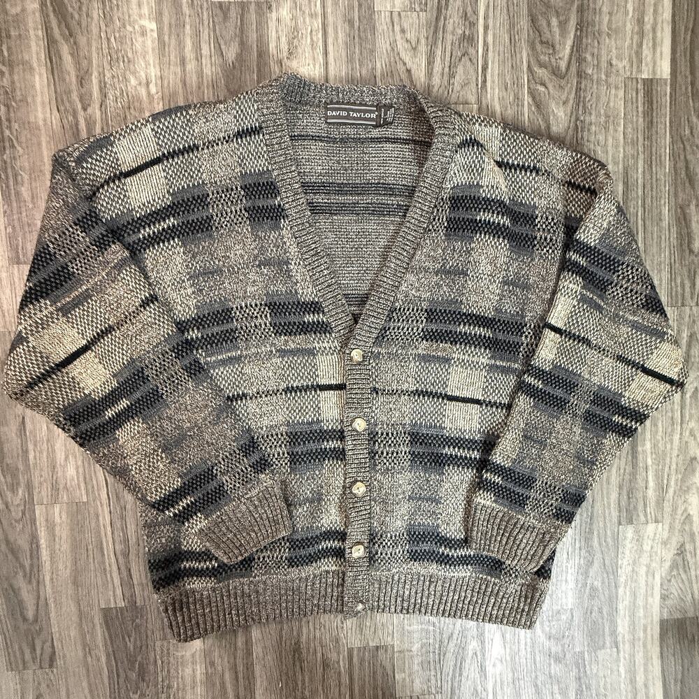 David Taylor Men’s Made in USA Acrylic Plaid Button Cardigan Sweater Gray Beige